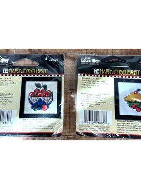 2 Mary Engelbreit Counted Cross-Stitch Kit Cherry Pie & Bowl Of Cherries 4"x 3"